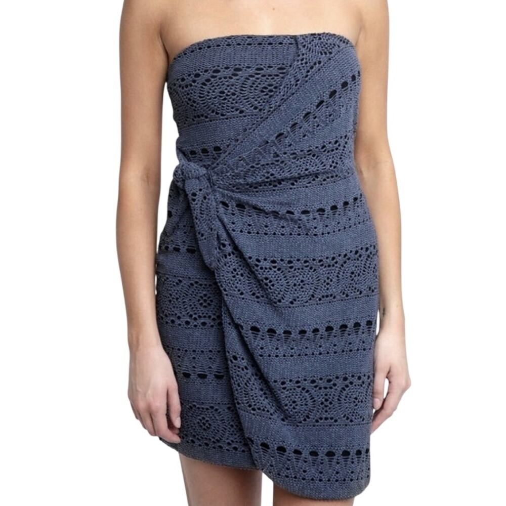 Free People Eyelet Lace Oceanside Dress L Blue Faux Wrap Coastal Beach Vaca NWT